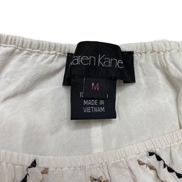 KAREN KANE Boho Peasant Embroidered Blouse in White Blue Tie Front Size Medium - Picture 6 of 9